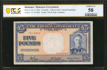 BAHAMAS. Bahamas Government. 5 Pounds, 1936. P-12a. PCGS Banknote Choice About Uncirculated 58.

This pick variety is quite scarce to find in grades a...