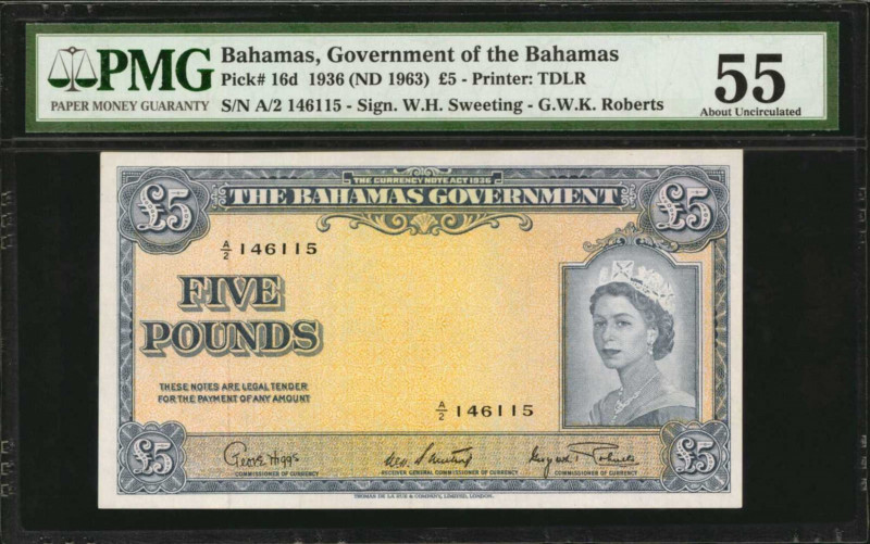 BAHAMAS. Government of the Bahamas. 5 Pounds, ND (1953). P-16d. PMG About Uncirc...