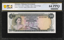 BAHAMAS. Bahamas Government. 10 Dollars, 1965. P-22a. PCGS Banknote Choice Uncirculated 64 PPQ.

An always welcomed L.1965 QEII 10 Dollar note with Ha...