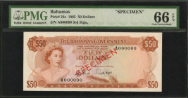 BAHAMAS. Bahamas Government. 50 Dollars, 1965. P-24s. Specimen. PMG Gem Uncirculated 66 EPQ.

Specimen. Specimen serial numbers and overprints. Found ...