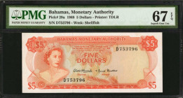BAHAMAS. Bahamas Monetary Authority. 5 Dollars, 1968. P-29a. PMG Superb Gem Uncirculated 67 EPQ.

A high grade QEII example with a key 1958 date. Rare...