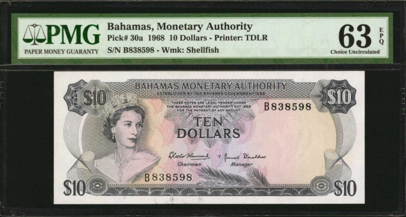 BAHAMAS. Bahamas Monetary Authority. 10 Dollars, 1968. P-30a. PMG Choice Uncircu...