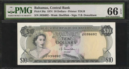 BAHAMAS. Central Bank of the Bahamas. 10 Dollars, 1974. P-38a. PMG Gem Uncirculated 66 EPQ.

A sought after Donaldson signature on this Gem QEII from ...