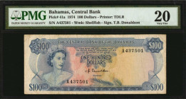 BAHAMAS. Central Bank of the Bahamas. 100 Dollars, 1974. P-41a. PMG Very Fine 20.

Printed by TDLR. Watermark of shellfish. Printed signature of T.B. ...