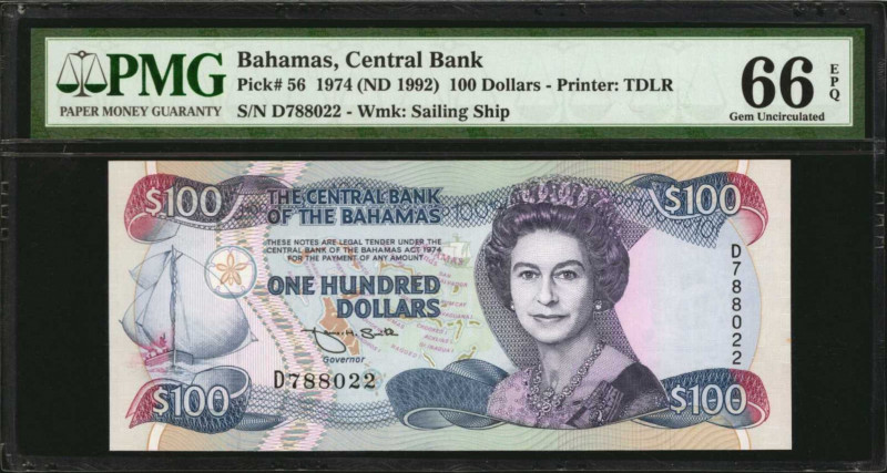 BAHAMAS. Central Bank of the Bahamas. 100 Dollars, 1974 (ND 1992). P-56. PMG Gem...
