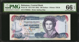 BAHAMAS. Central Bank of the Bahamas. 100 Dollars, 1974 (ND 1992). P-56. PMG Gem Uncirculated 66 EPQ.

A high end Gem example of this popular breachin...