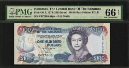 BAHAMAS. Central Bank of the Bahamas. 100 Dollars, 1974 (ND 1992). P-56. PMG Gem Uncirculated 66 EPQ.

Printed by TDLR. Signature of F.H. Smith. Water...