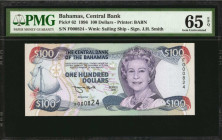 BAHAMAS. Central Bank of the Bahamas. 100 Dollars, 1996. P-62. PMG Gem Uncirculated 65 EPQ.

Three digit serial number of "F000824." Printed by BABN. ...