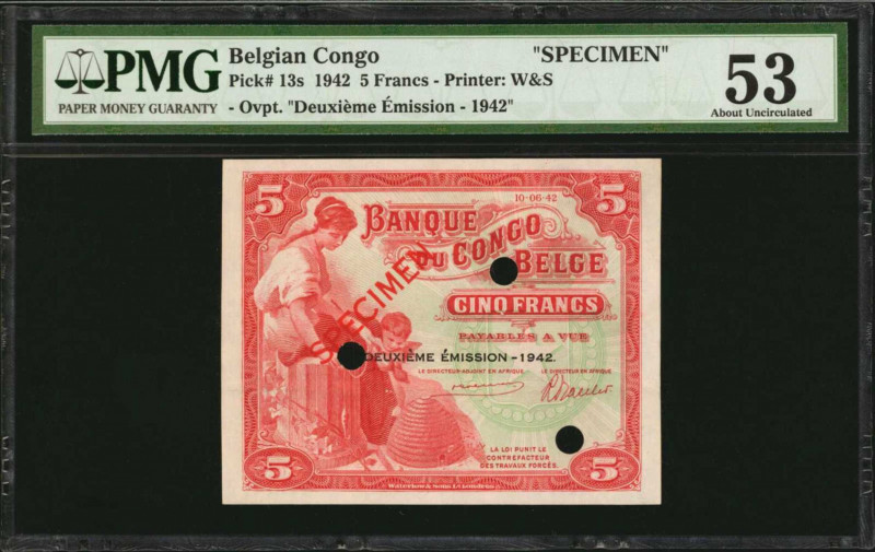 BELGIAN CONGO. Banque du Congo Belge. 5 Francs, 1942. P-13s. Specimen. PMG About...