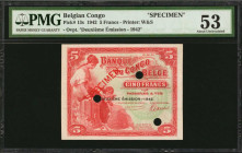 BELGIAN CONGO. Banque du Congo Belge. 5 Francs, 1942. P-13s. Specimen. PMG About Uncirculated 53.

Printed by W&S. Overprint "Deuxieme Emission- 1942....