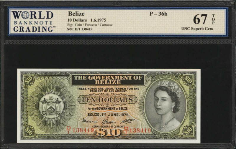 BELIZE. Government of Belize. 10 Dollars, 1975. P-36b. WBG Superb Gem Uncirculat...