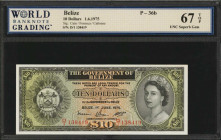 BELIZE. Government of Belize. 10 Dollars, 1975. P-36b. WBG Superb Gem Uncirculated 67 TOP.

One of the more popular QEII design types with this 1975 d...