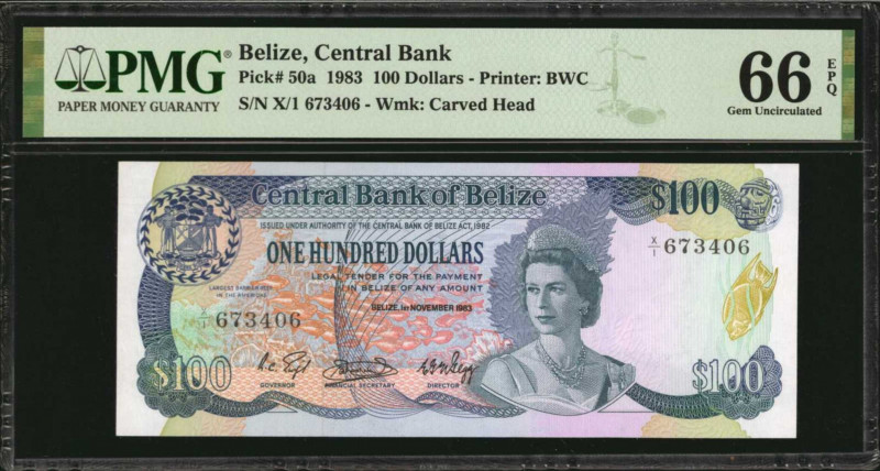 BELIZE. Central Bank of Belize. 100 Dollars, 1983. P-50a. PMG Gem Uncirculated 6...