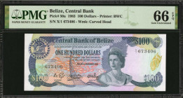 BELIZE. Central Bank of Belize. 100 Dollars, 1983. P-50a. PMG Gem Uncirculated 66 EPQ.

Printed by BWC. Watermark of carved head next to the portrait ...