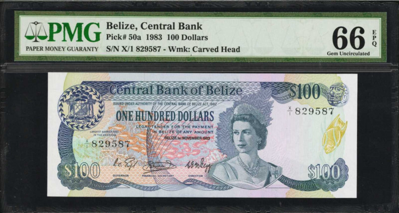 BELIZE. Central Bank of Belize. 100 Dollars, 1983. P-50a. PMG Gem Uncirculated 6...
