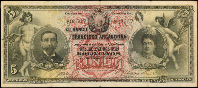 BOLIVIA. El Banco Francisco Argandona. 5 Bolivianos, 1907. P-S150. Fine.

A diff...