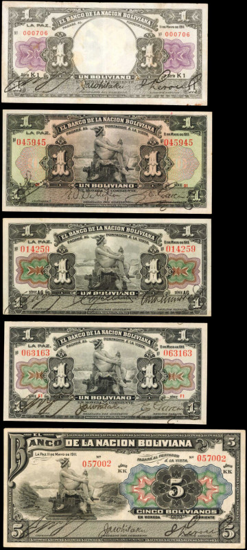BOLIVIA. Lot of (11). El Banco de la Nacion Boliviana. 1 to 20 Bolivianos, 1911....