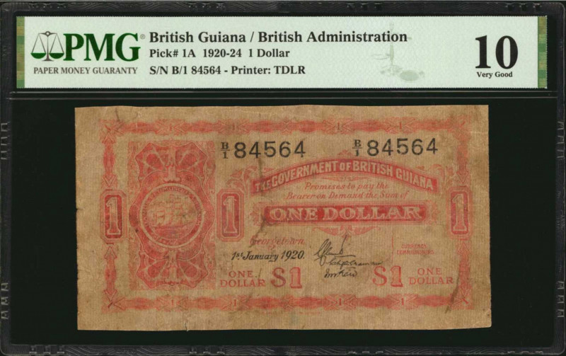 BRITISH GUIANA. Government of British Guiana. 1 Dollar, 1920-24. P-1A. PMG Very ...