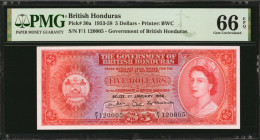 BRITISH HONDURAS. Government of British Honduras. 5 Dollars, 1953-58. P-30a. PMG Gem Uncirculated 66 EPQ.

Printed by BWC. A later 1958 date is found ...