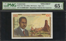 CAMEROON. Banque Centrale. 100 Francs, ND (1962). P-10s. Specimen. PMG Gem Uncirculated 65 EPQ.

Signature 1A. The nicest specimen of this type that w...