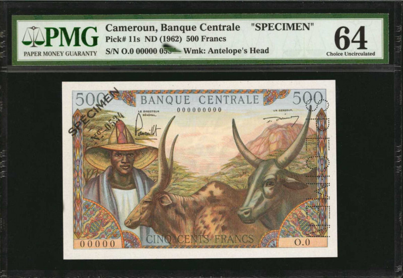 CAMEROON. Banque Centrale. 500 Francs, ND (1962). P-11s. Specimen. PMG Choice Un...