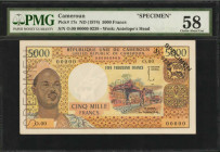 CAMEROON. Republique Unie du Cameroun. 5000 Francs, ND (1974). P-17s. Specimen. PMG Choice About Uncirculated 58.

Specimen. A design which is scarce ...