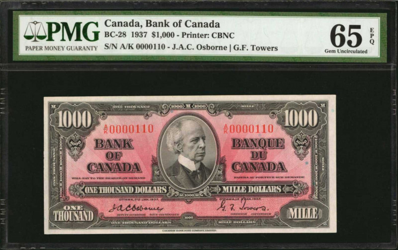 CANADA. Bank of Canada. 1000 Dollars, 1937. BC-28. Low Serial Number. PMG Gem Un...