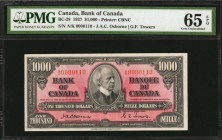 CANADA. Bank of Canada. 1000 Dollars, 1937. BC-28. Low Serial Number. PMG Gem Uncirculated 65 EPQ.

The note shows with a central portrait of Sir Wilf...