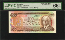 CANADA. Bank of Canada. 100 Dollars, 1975. P-BC-52aS. Specimen. PMG Gem Uncirculated 66 EPQ.

Red specimen overprint and blue/red serial numbers. Sign...