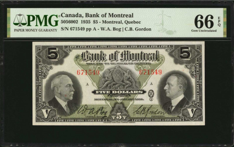 CANADA. Bank of Montreal. 5 Dollars, 1935. CH #505-60-02. PMG Gem Uncirculated 6...
