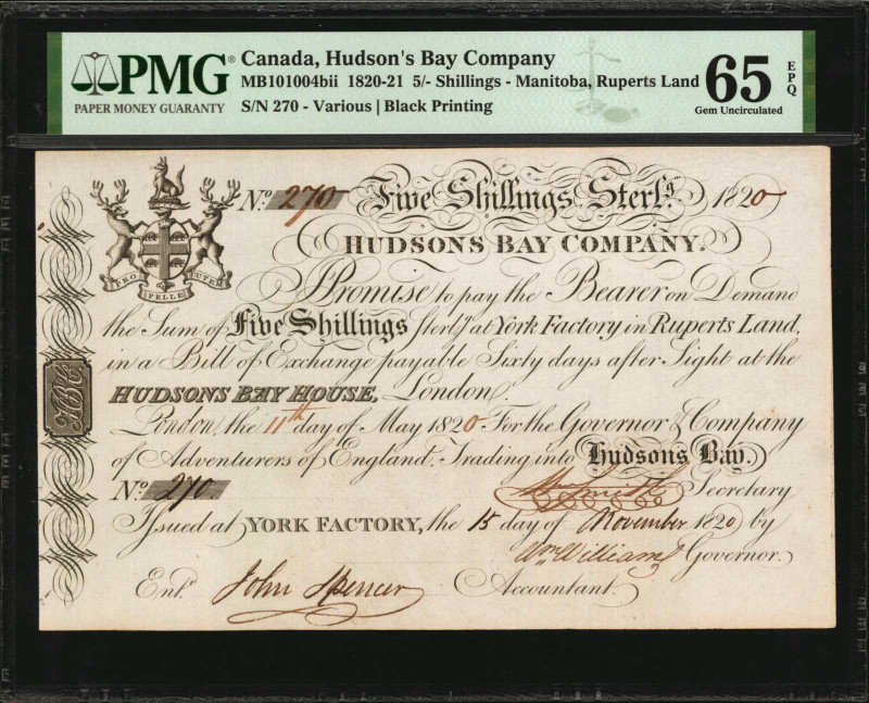CANADA. Hudson's Bay Company. 5/- Shillings, 1820-21. P-UNL. PMG Gem Uncirculate...