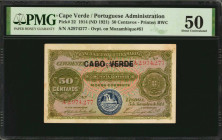 CAPE VERDE. Banco Nacional Ultramarino. 50 Centavos, 1914 (ND 1921). P-22. PMG About Uncirculated 50.

Overprint on Mozambique P-61. Printed by BWC. G...