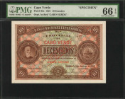 CAPE VERDE. Lot of (4). Banco Nacional Ultramarino. 10 to 100 Escudos, 1921. P-35s to 38s. Specimens. PMG Gem Uncirculated 66 EPQ.

Red "Cabo Verde" o...
