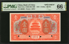 CHINA--REPUBLIC. Bank of China. 1 Dollar, 1918. P-51As. Specimen. PMG Gem Uncirculated 66 EPQ.

Harbin. Printed by ABNC. Punch hole cancelled. Blue se...