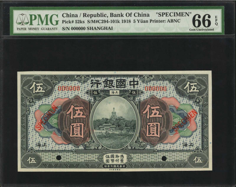 CHINA--REPUBLIC. Bank of China. 5 Yuan, 1918. P-52ks. Specimen. PMG Gem Uncircul...
