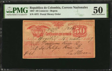 COLOMBIA. Estados Unidos de Colombia Correos Nacionales. 50 Centavos, 1887. P-Unlisted. PMG About Uncirculated 50.

Bogota. Postal money order. An ext...