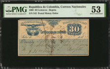 COLOMBIA. Republica de Colombia Correos Nacionales. 30 Centavos, 1890. P-Unlisted. PMG About Uncirculated 53.

Bogota. Postal Money Order. A difficult...