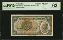 COLOMBIA. Banco de la Republica. 500 Pesos Oro, ND (1923). P-367p1. Front Proof. Choice Uncirculated 63.

Printed by ABNC. PMG has graded just two exa...