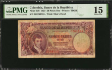 COLOMBIA. Banco de la Republica. 20 Pesos Oro, 1927. P-378. PMG Choice Fine 15.

Printed by TDLR. Portrait of Caldas at left with watermark at left. T...