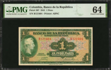 COLOMBIA. Banco de la Republica. 1 Peso, 1941. P-387. PMG Choice Uncirculated 64.

Printed by ABNC. A popular Colombian 1 Peso design, seen here displ...