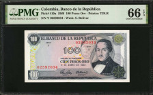 COLOMBIA. Banco de la Republica. 100 Pesos Oro, 1968. P-410a. PMG Gem Uncirculated 66 EPQ.

Printed by TDLR. Watermark of S. Bolivar. PMG has graded j...