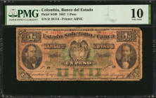 COLOMBIA. Banco del Estado. 1 Peso, 1887. P-S449. PMG Very Good 10.

Printed by ABNC. Portraits at left & right, with arms at center. PMG comments "Ta...