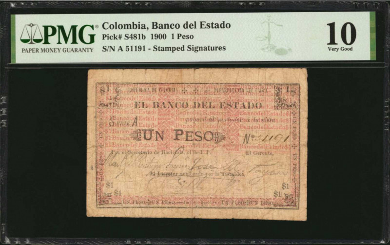 COLOMBIA. Banco del Estado. 1 Peso, 1900. P-S481b. PMG Very Good 10.

Stamped si...