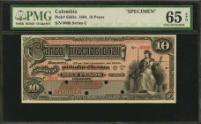COLOMBIA. Banco Internacional. 10 Pesos, 1884. P-S563s. Specimen. PMG Gem Uncirculated 65 EPQ.

Series C. Specimen perforations, overprint and serial ...