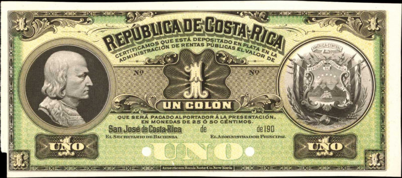 COSTA RICA. Republica de Costa Rica. 1 Colon, 190x. P-142p. Proof. Choice Uncirc...