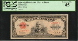 CUBA. Republica de Cuba. 50 Pesos, 1943. P-73e. PCGS Currency Extremely Fine 45.

A nicely centered Cuban Silver Certificate seen here with minimal ci...