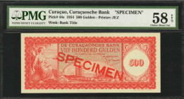 CURACAO. Curacaoshce Bank. 500 Gulden, 1954. P-44s. Specimen. PMG Choice About Uncirculated 58 EPQ.

Printed by JEZ. Watermark of bank title. Red spec...