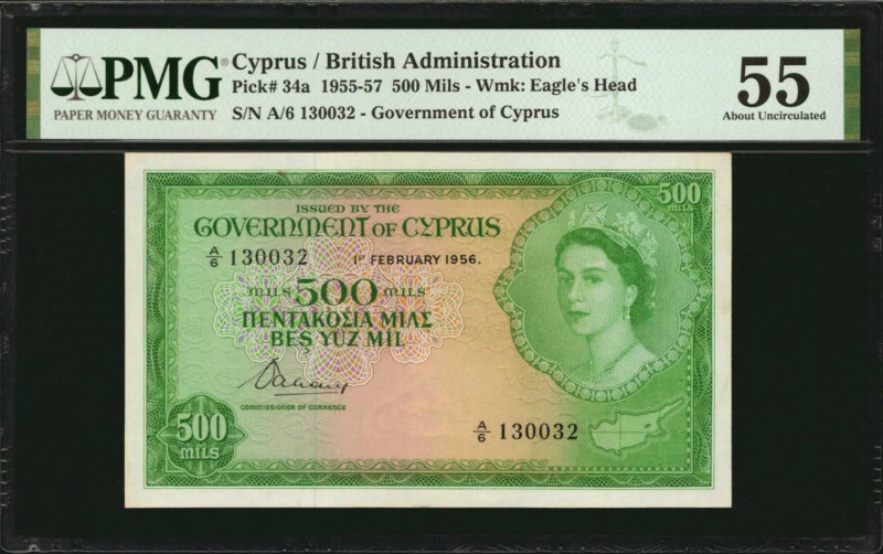 CYPRUS. Government of Cyprus. 500 Mils, 1955-57. P-34a. PMG About Uncirculated 5...