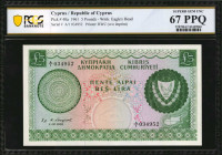 CYPRUS. Republic of Cyprus. 5 Pounds, 1961. P-40a. PCGS Banknote Superb Gem Uncirculated 67.

Printed by BWC (without imprint). Watermark of Eagle's h...