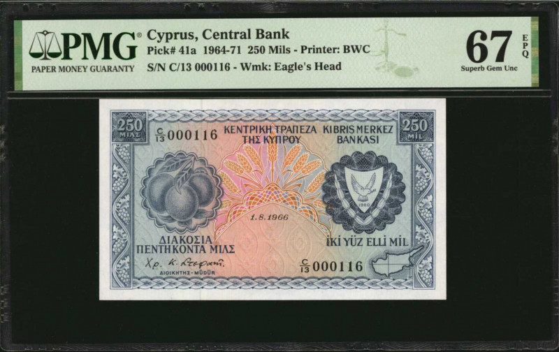 CYPRUS. Central Bank of Cyprus. 250 Mils, 1964-71. P-41a. Low Serial Number. PMG...